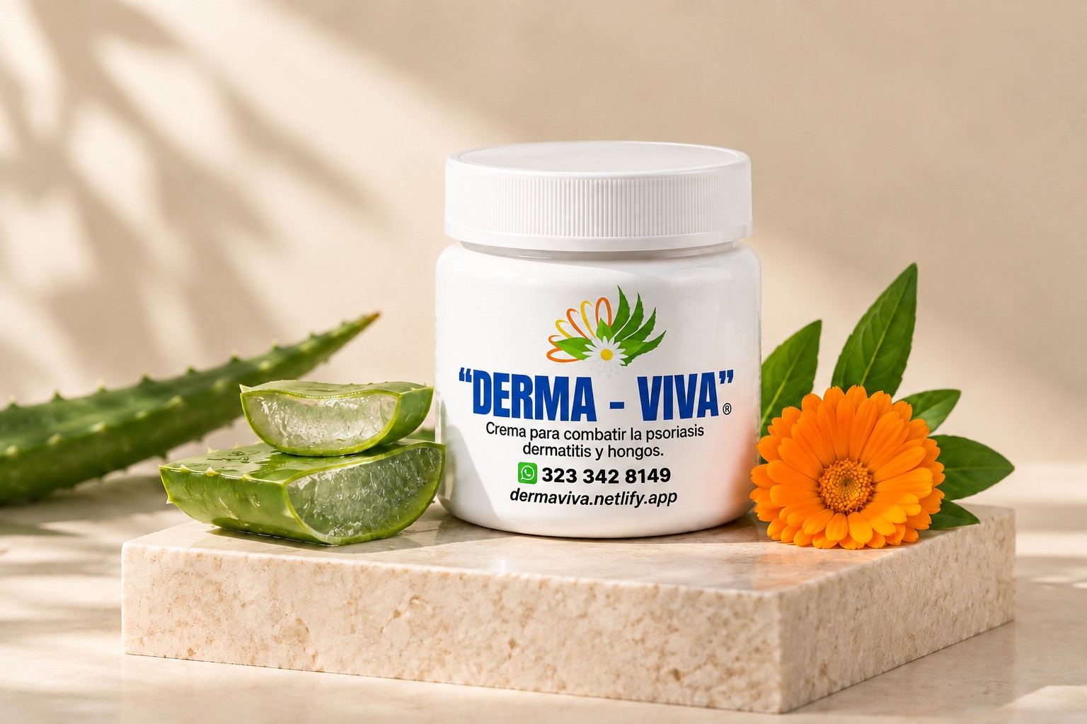 Frasco de “DERMA-VIVA” con aloe y caléndula